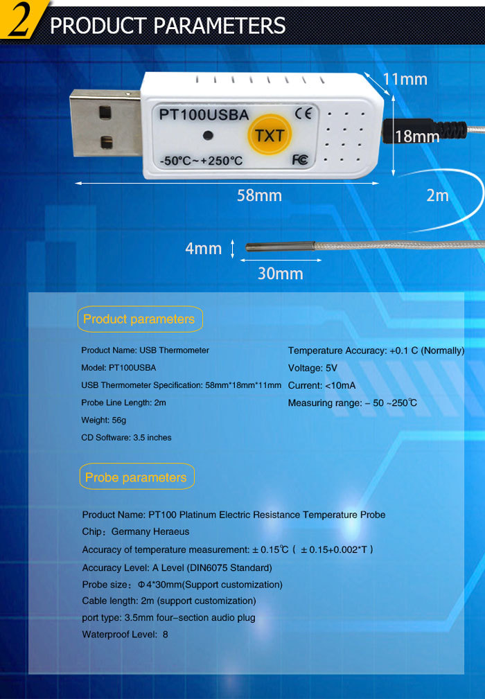 PCsensor PT100USBA USB teploměr s čidlem do PC