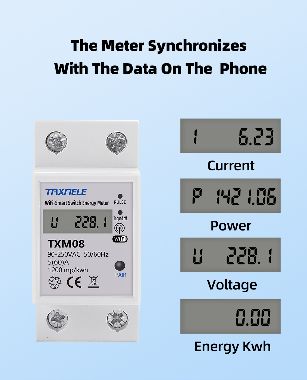 TXM08 Tuya 60A chytrý měřič energie na DIN lištu, časovač, monitor výkonu kWh