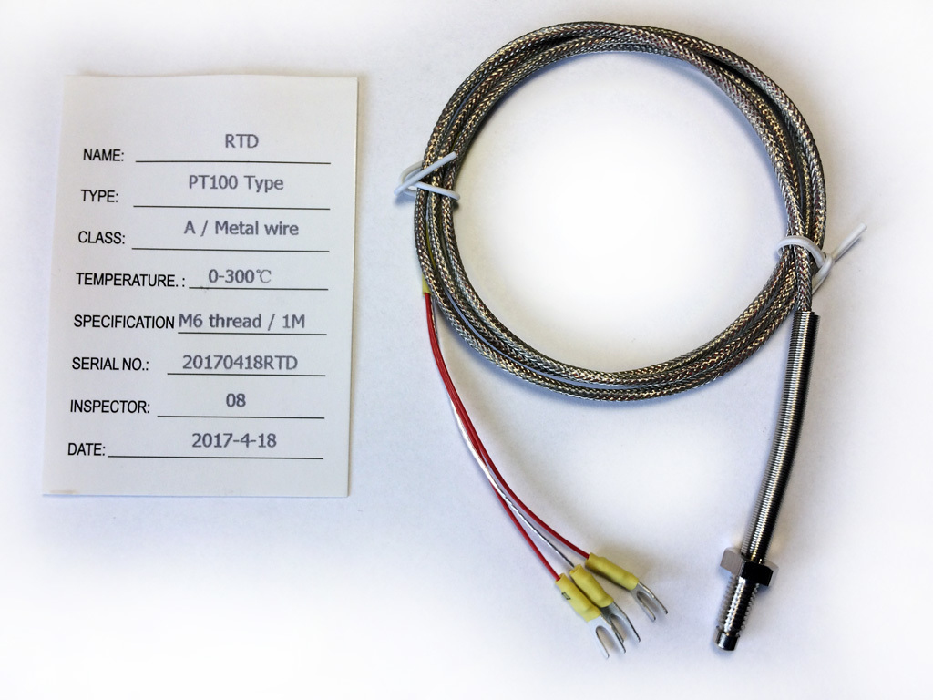 RTD PT100 Teplotní čidlo - 1m se závitem M6 a kovovým opředením