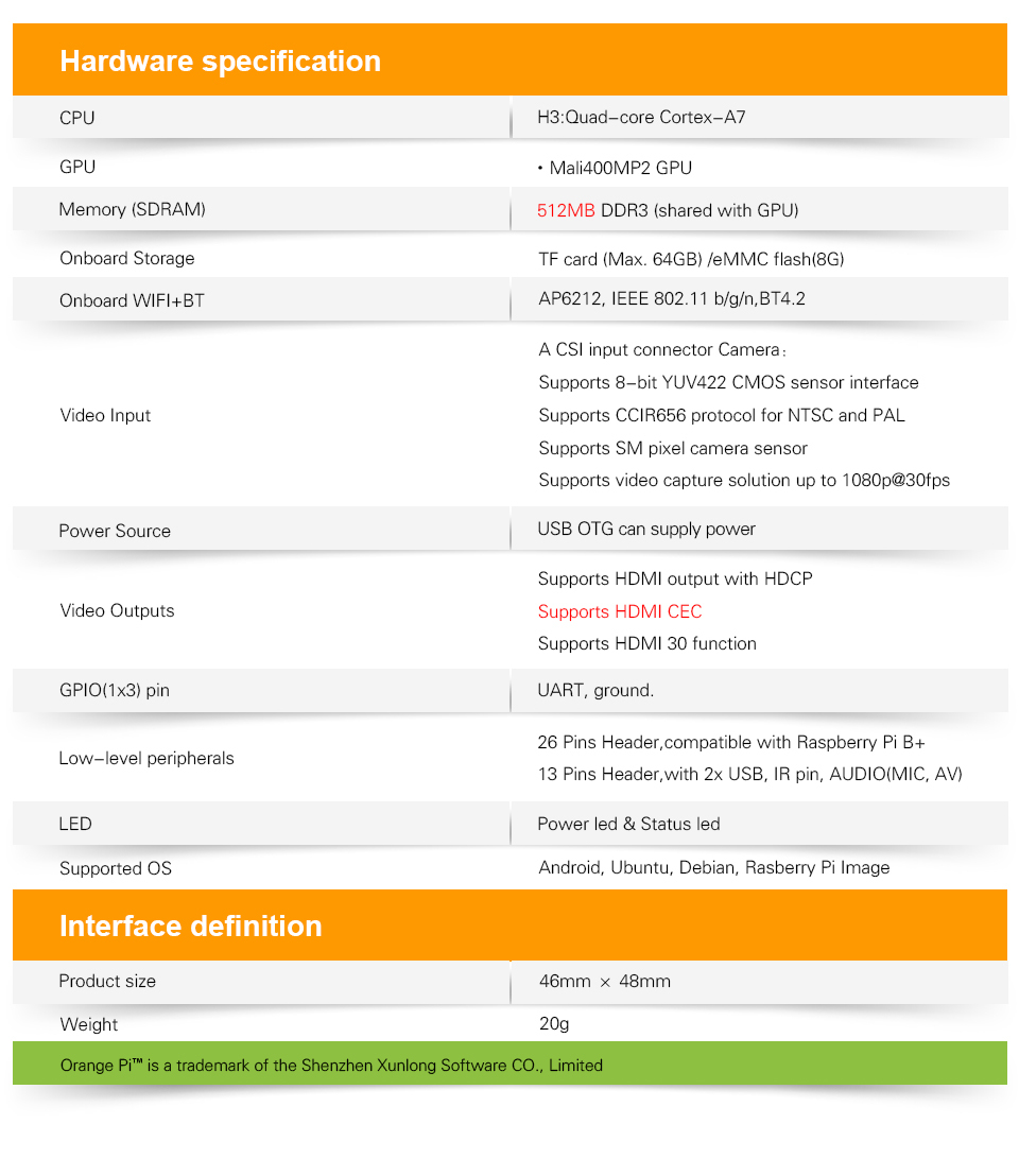 Orange Pi Zero Plus 2 H3 Quad-core 512MB RAM 8GB eMMC flash