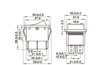 Kolébkový spínač KCD4, 2x zap/vyp/zap, 250 V/AC, 16 A, černá