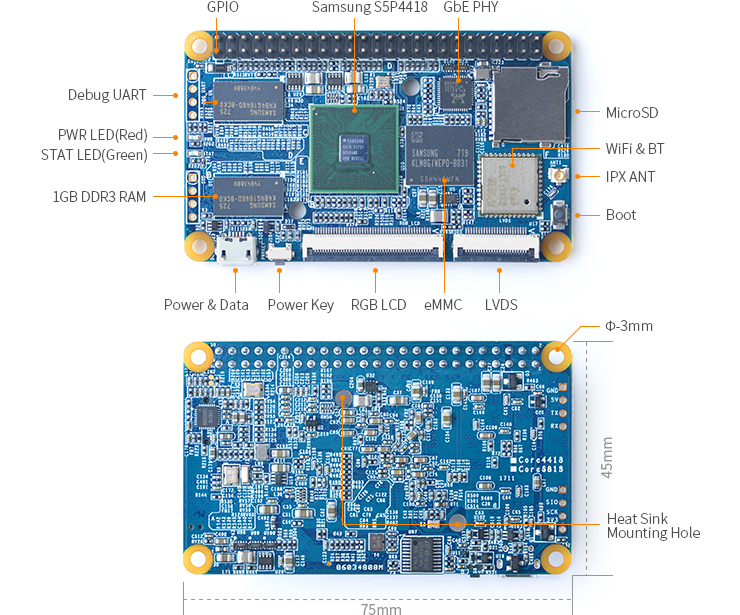 NanoPi Core4418 vývojová deska S5P4418, 1GB DDR3 RAM, 8GB eMMC