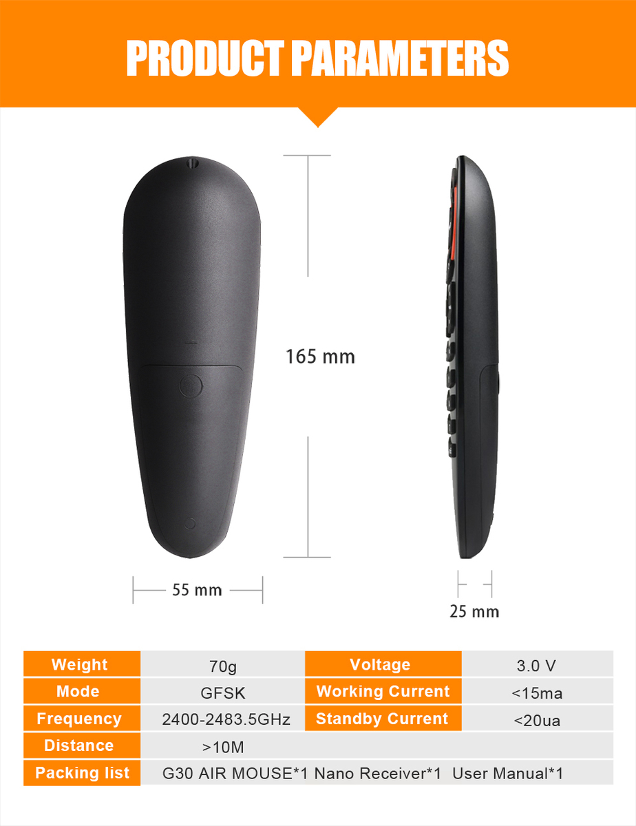 G30s voice air mouse univerzální dálkový ovladač 2.4GHz USB s gyroskopem