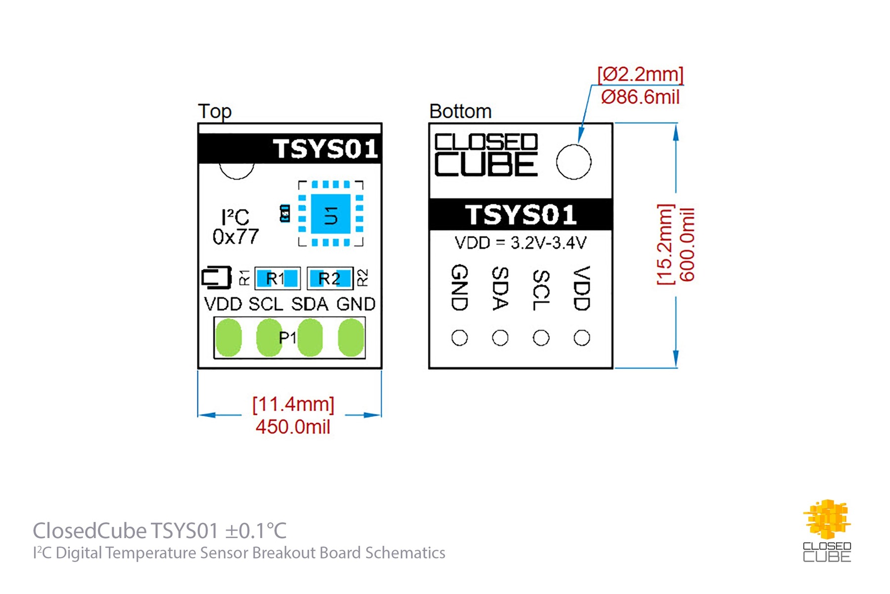 TSYS01 ±0.1°C 24bit ADC Digitální teplotní senzor
