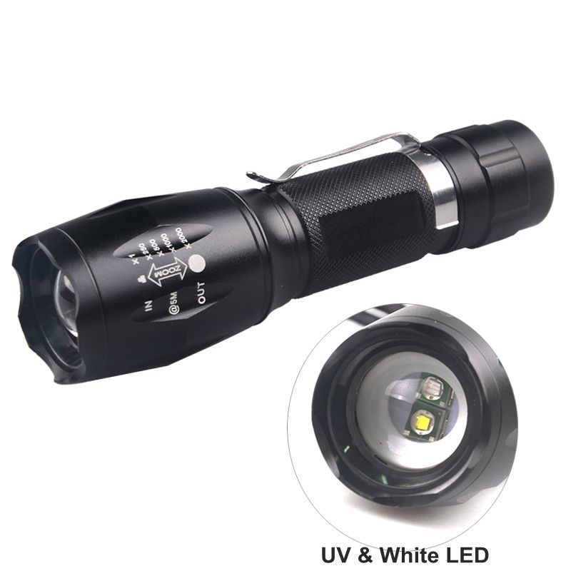 E17B 3W UV LED + 3W bílá LED duální výkonná svítilna, zoomovatelná