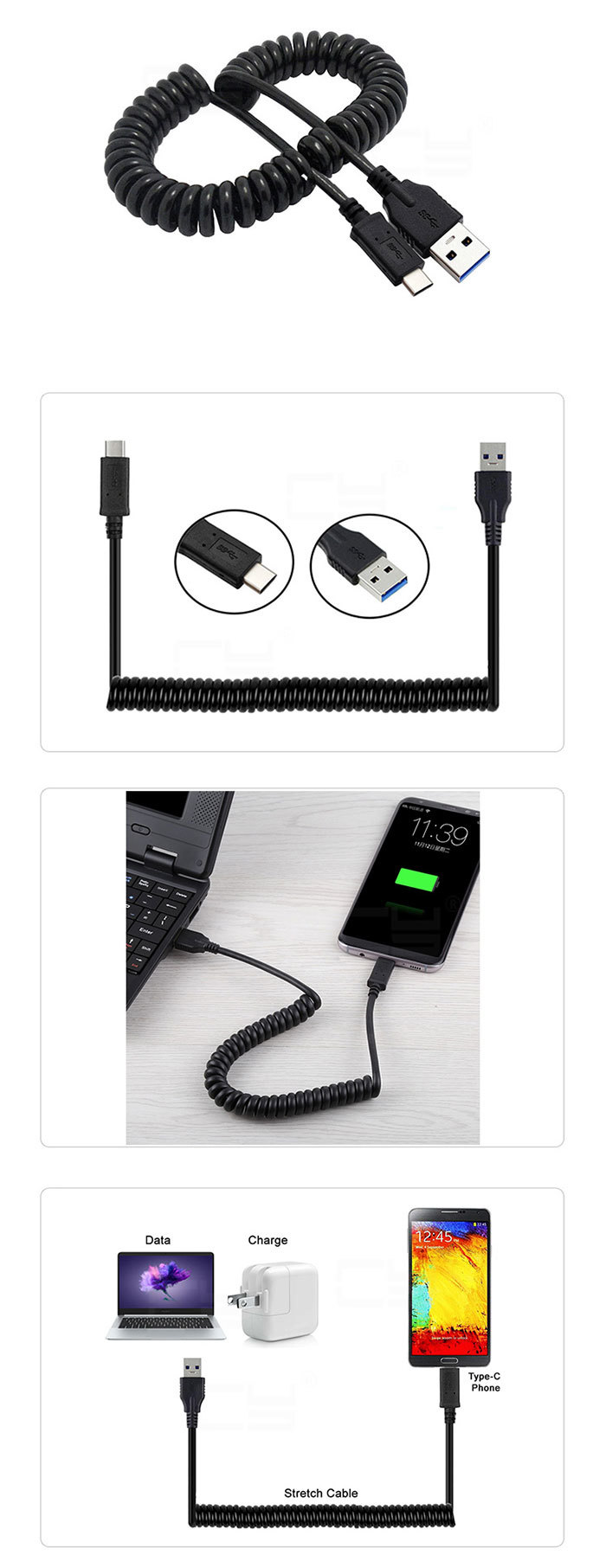 UC-319-BK USB 3.1 C/M - USB 3.0 A/M, černý, 3m, pružinový kabel