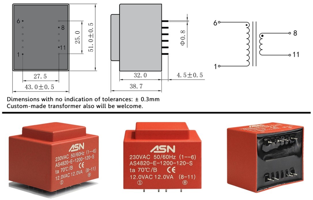 ASN AS4820-E-1200-120-S 12VA 230V block transformátor do DPS, bezpečnostní trafo, PVC zapouzdření
