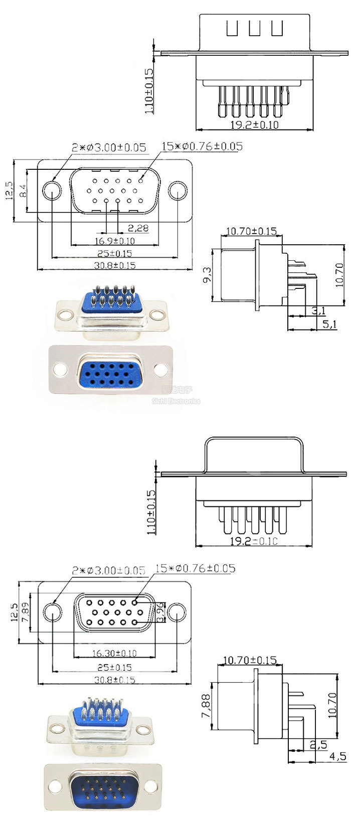 DB15 konektor, 3řadový, sada - konektor + plastové pouzdro
